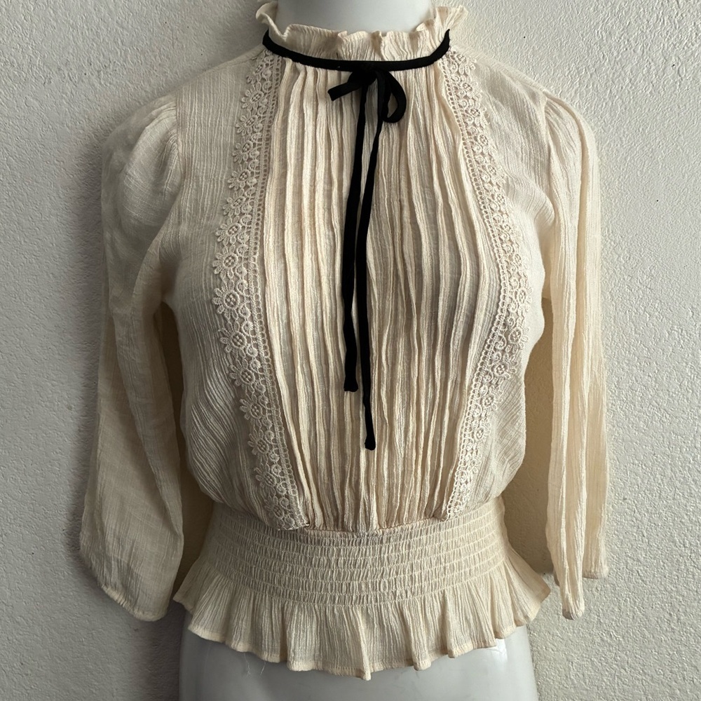 E&M Elegant High Neck Cream Blouse Lace with Black Tie Accent M - Picture 2 of 16